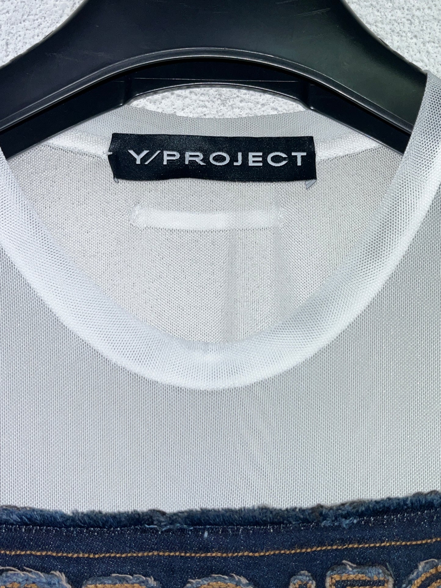 Y/PROJECT Paris Best white mesh longsleeve top with denim maxi patch (L)