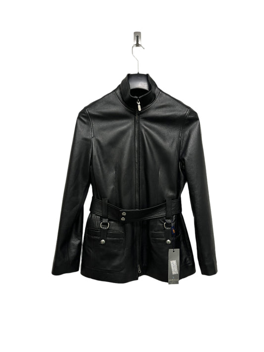 VINTAGE black zipped and belted leather jacket (M)