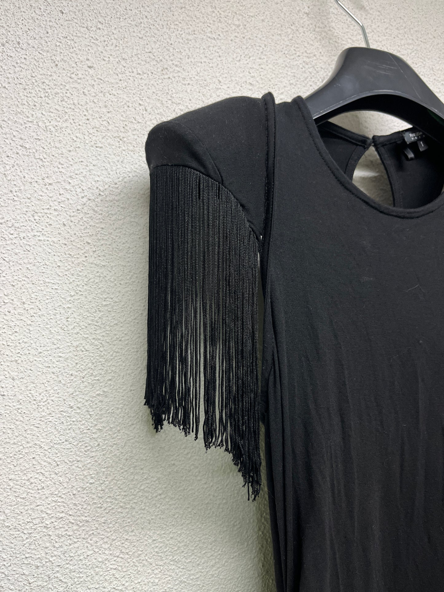 PATRIZIA PEPE black viscose dress with shoulder fringes and pads (XS/S)