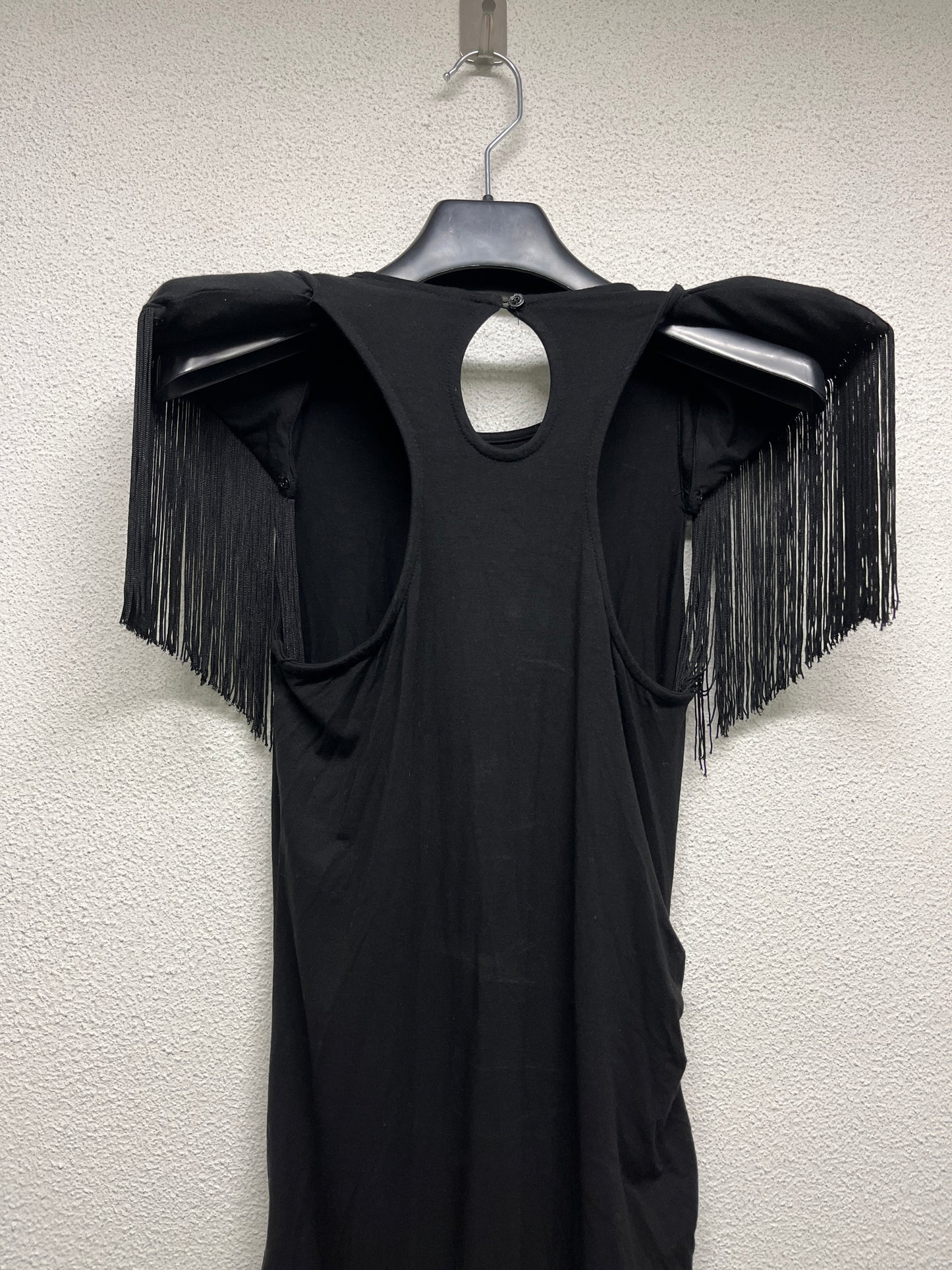 PATRIZIA PEPE black viscose dress with shoulder fringes and pads (XS/S)