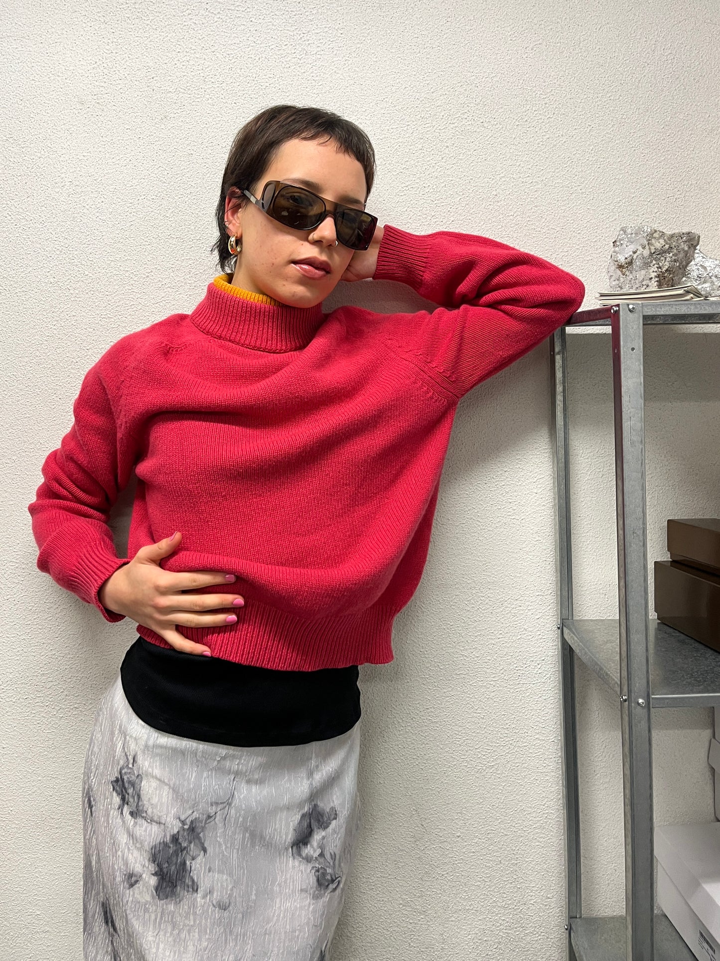 JIL SANDER pink wool sweater with double collar (XL)