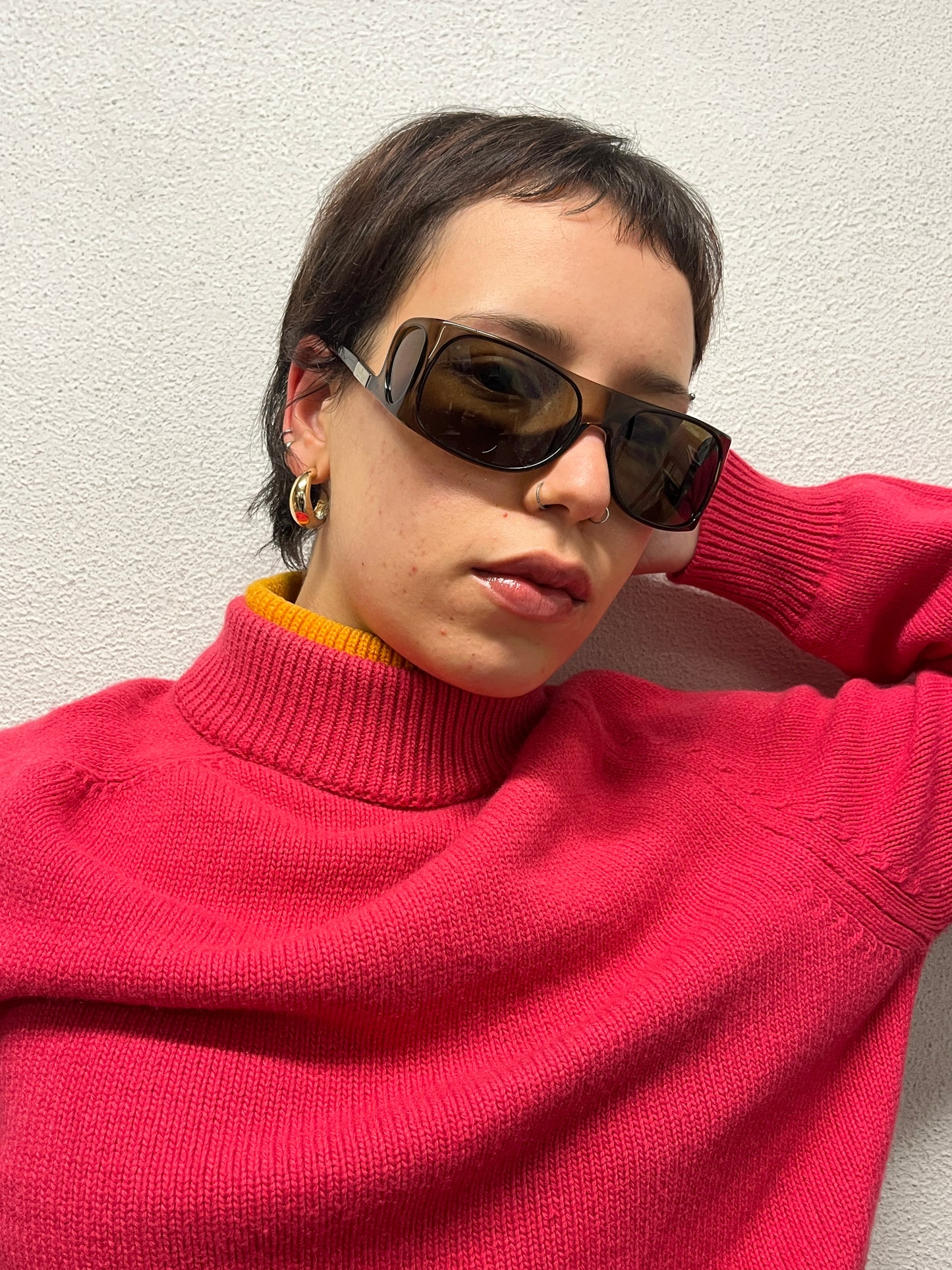 JIL SANDER pink wool sweater with double collar (XL)