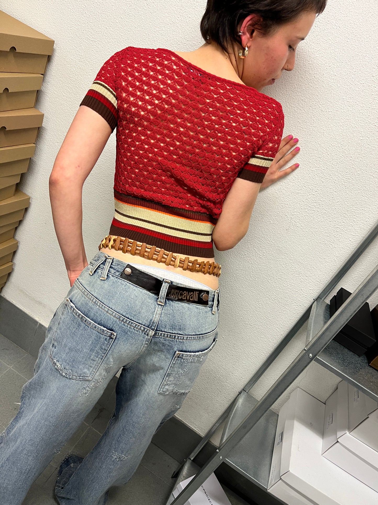 DOLCE & GABBANA red ribbed crochet cropped blouse (S)