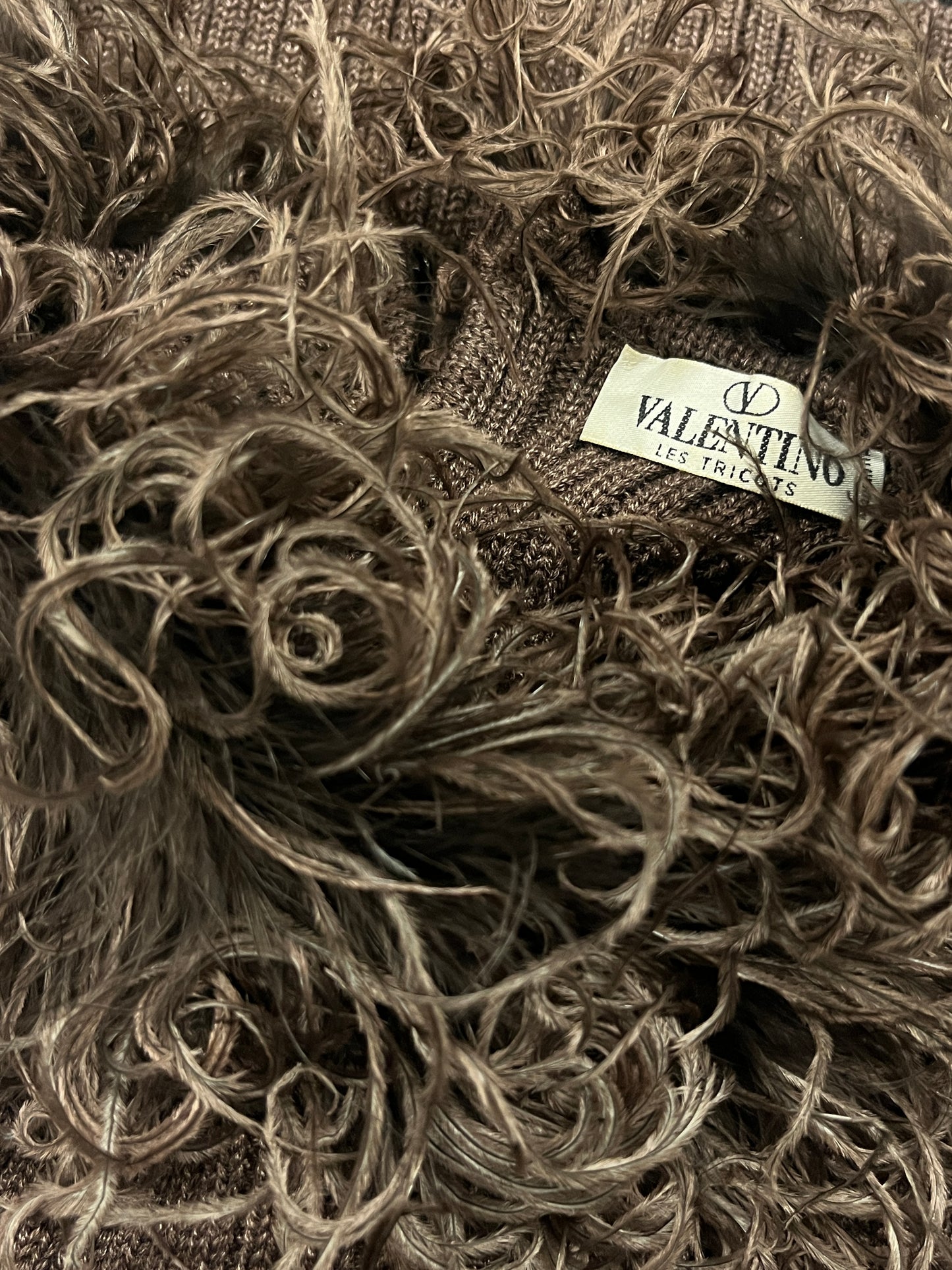 VALENTINO wool knit brown sleeveless top with genuine feather collar (S)