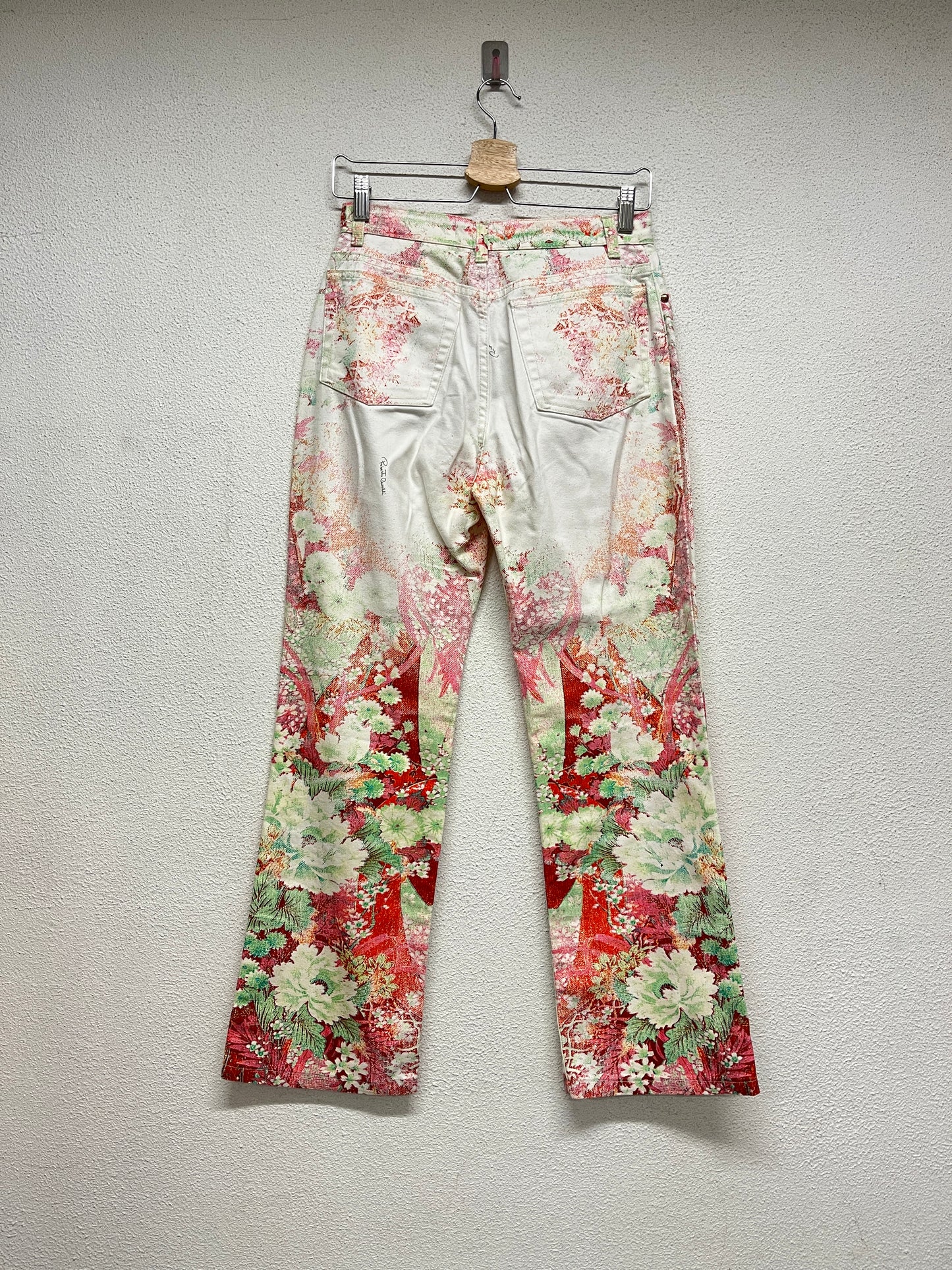 ROBERTO CAVALLI pink floral print wide leg trousers (S)