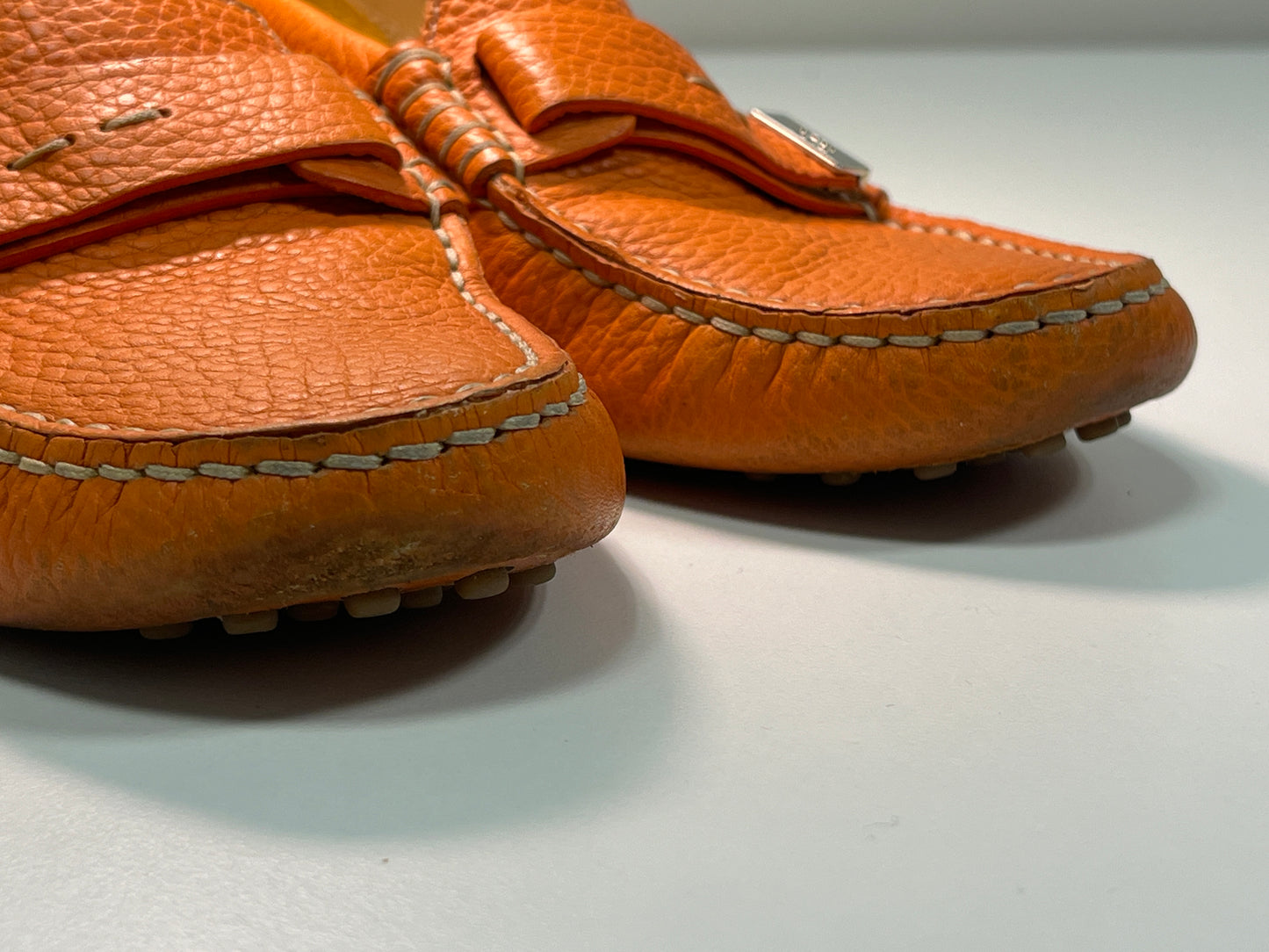 TOD's orange leather flat boat loafers shoes (38)