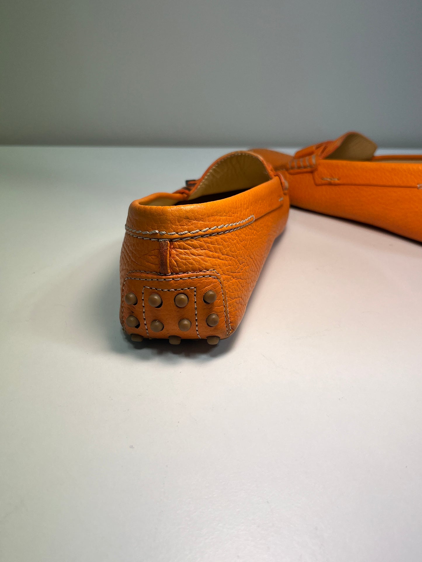 TOD's orange leather flat boat loafers shoes (38)