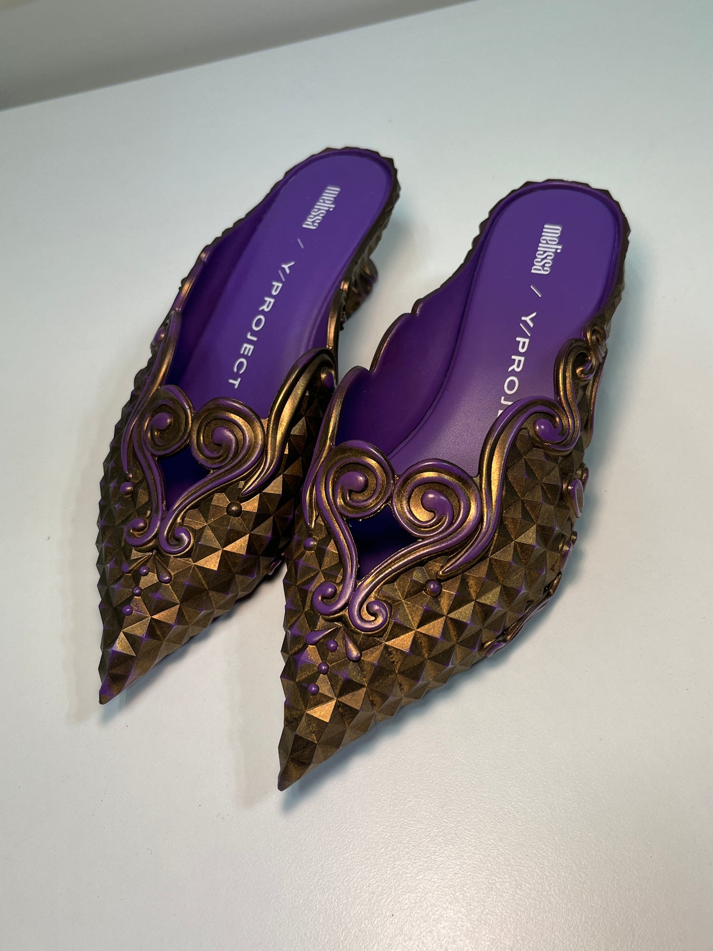 Y/PROJECT x MELISSA gold & purple point mules (35-36)