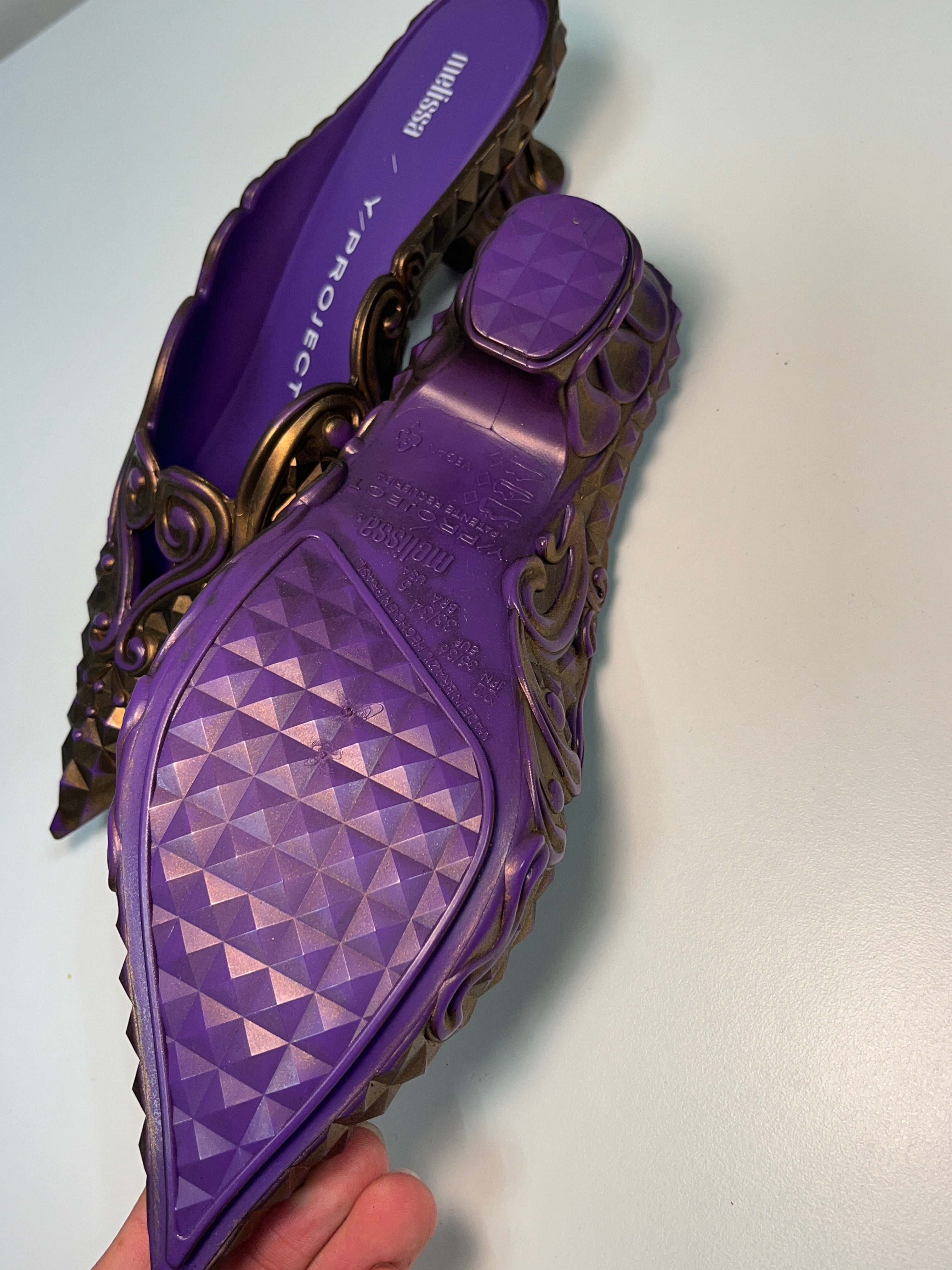 Y/PROJECT x MELISSA gold & purple point mules (35-36) – STYX