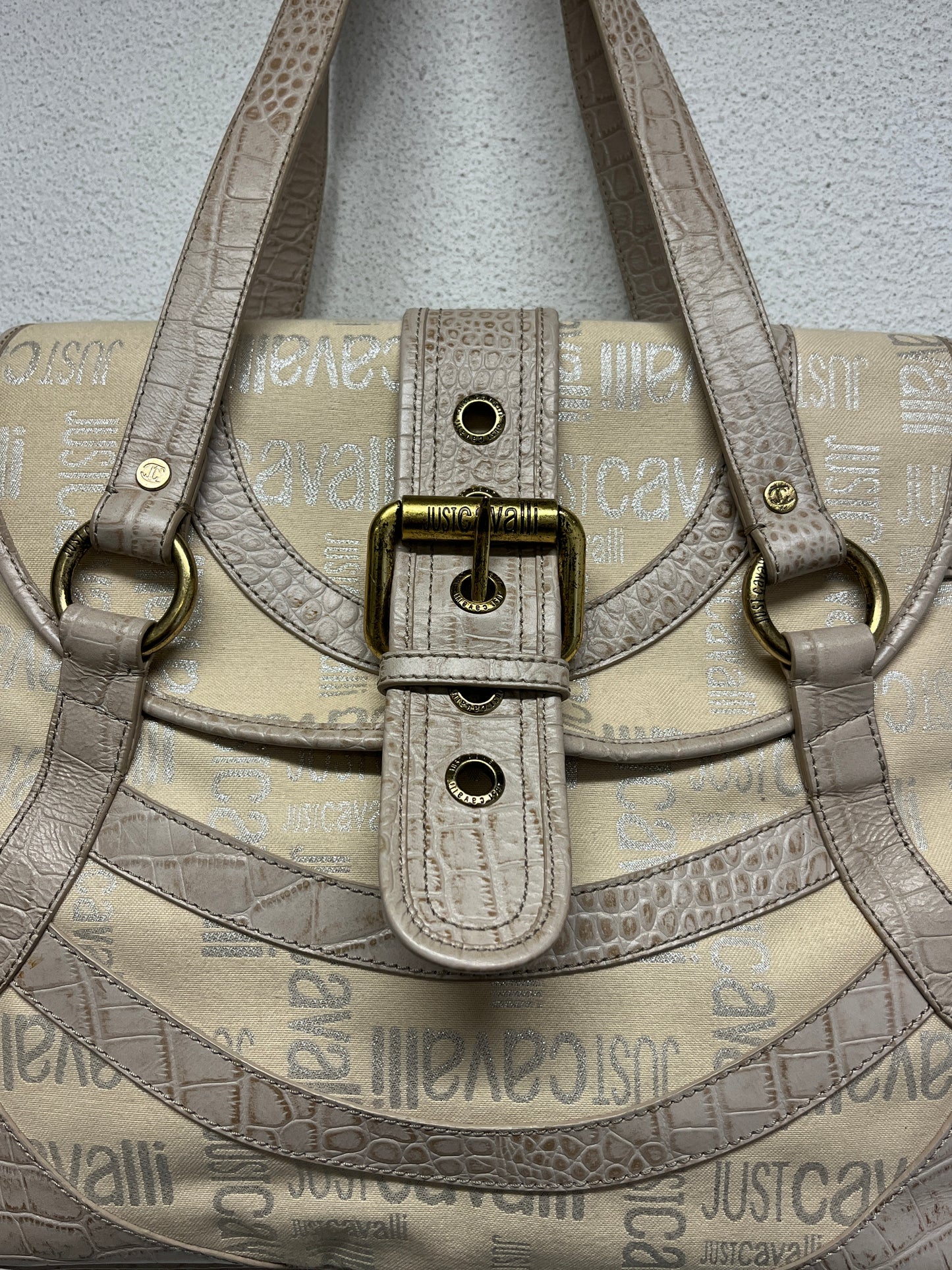 ROBERTO CAVALLI beige monogram leather hobo bag