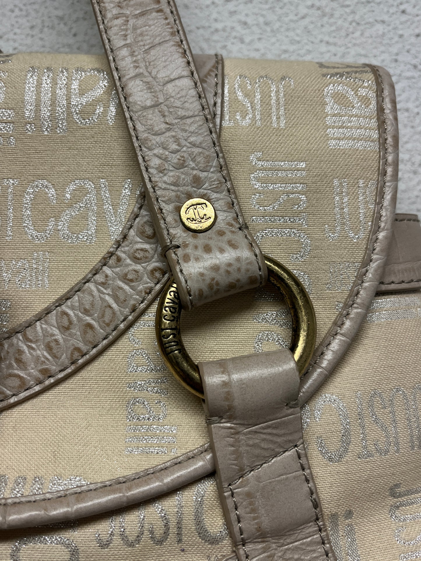 ROBERTO CAVALLI beige monogram leather hobo bag