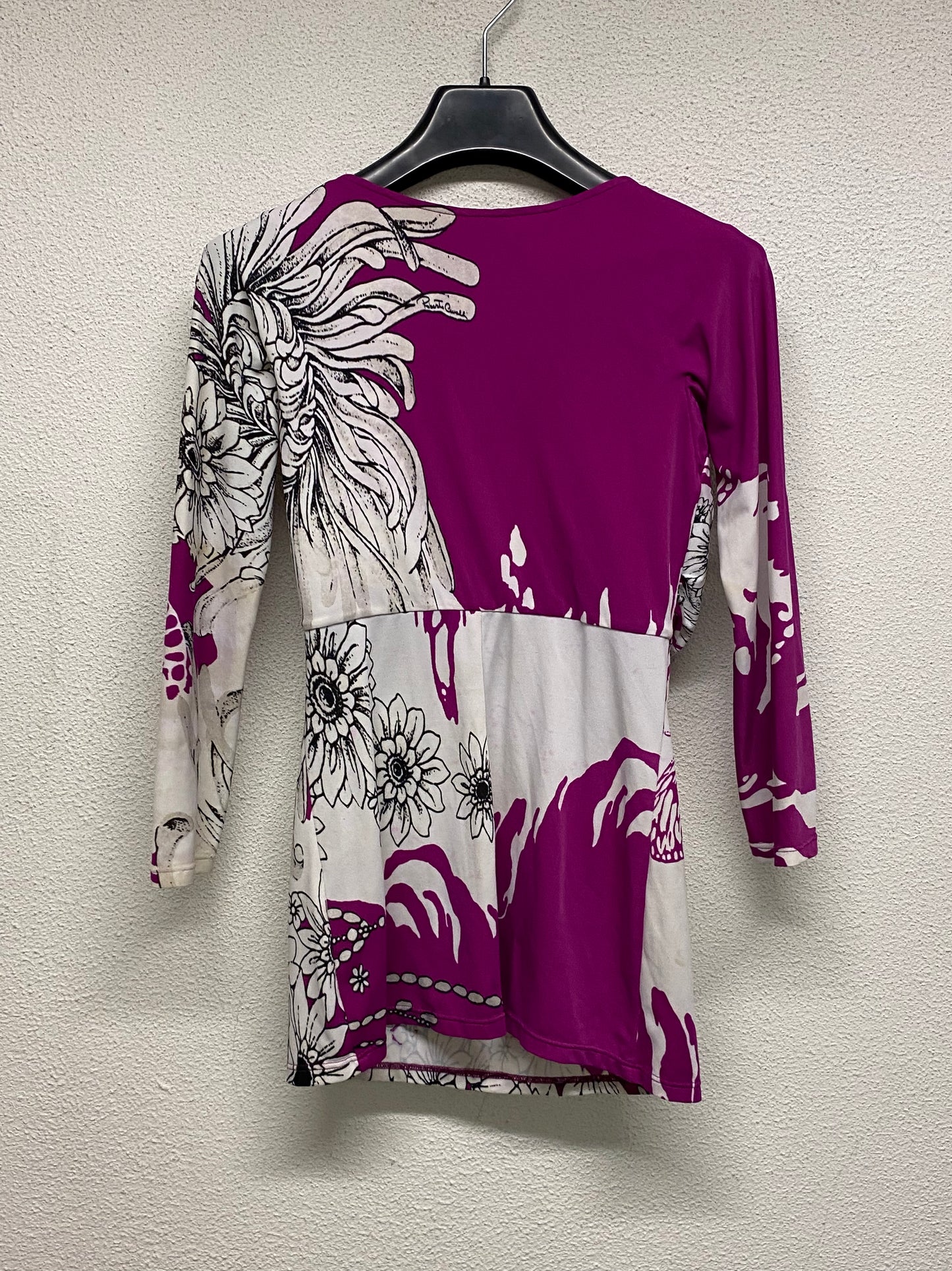 ROBERTO CAVALLI pink floral print draped blouse with golden hoop (M)