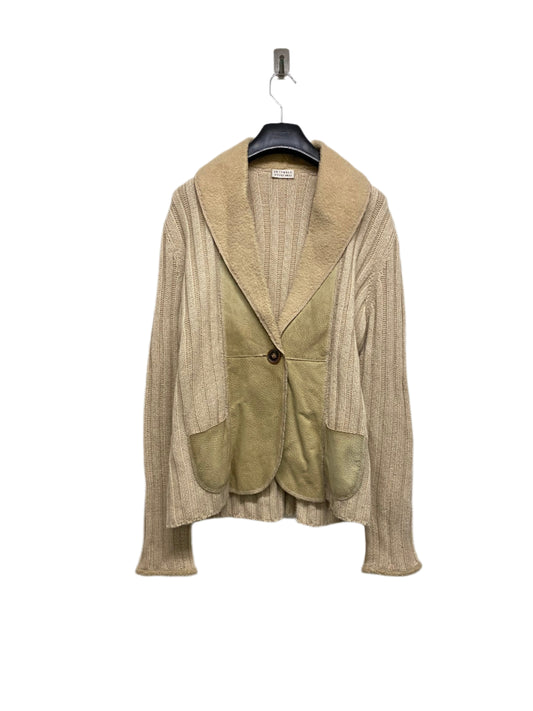BRUNELLO CUCINELLI beige leather and cashmere one button shearling cardigan (M)