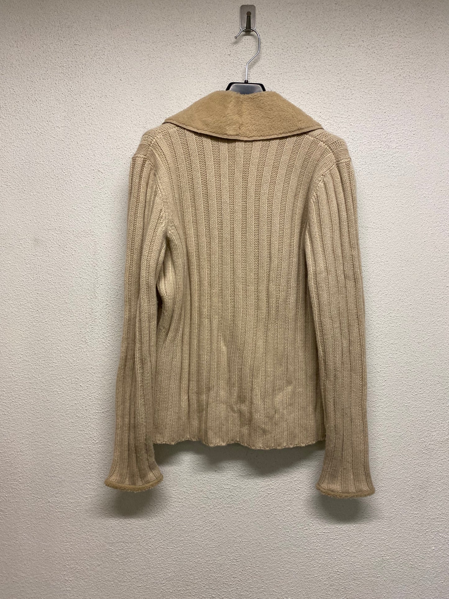 BRUNELLO CUCINELLI beige leather and cashmere one button shearling cardigan (M)