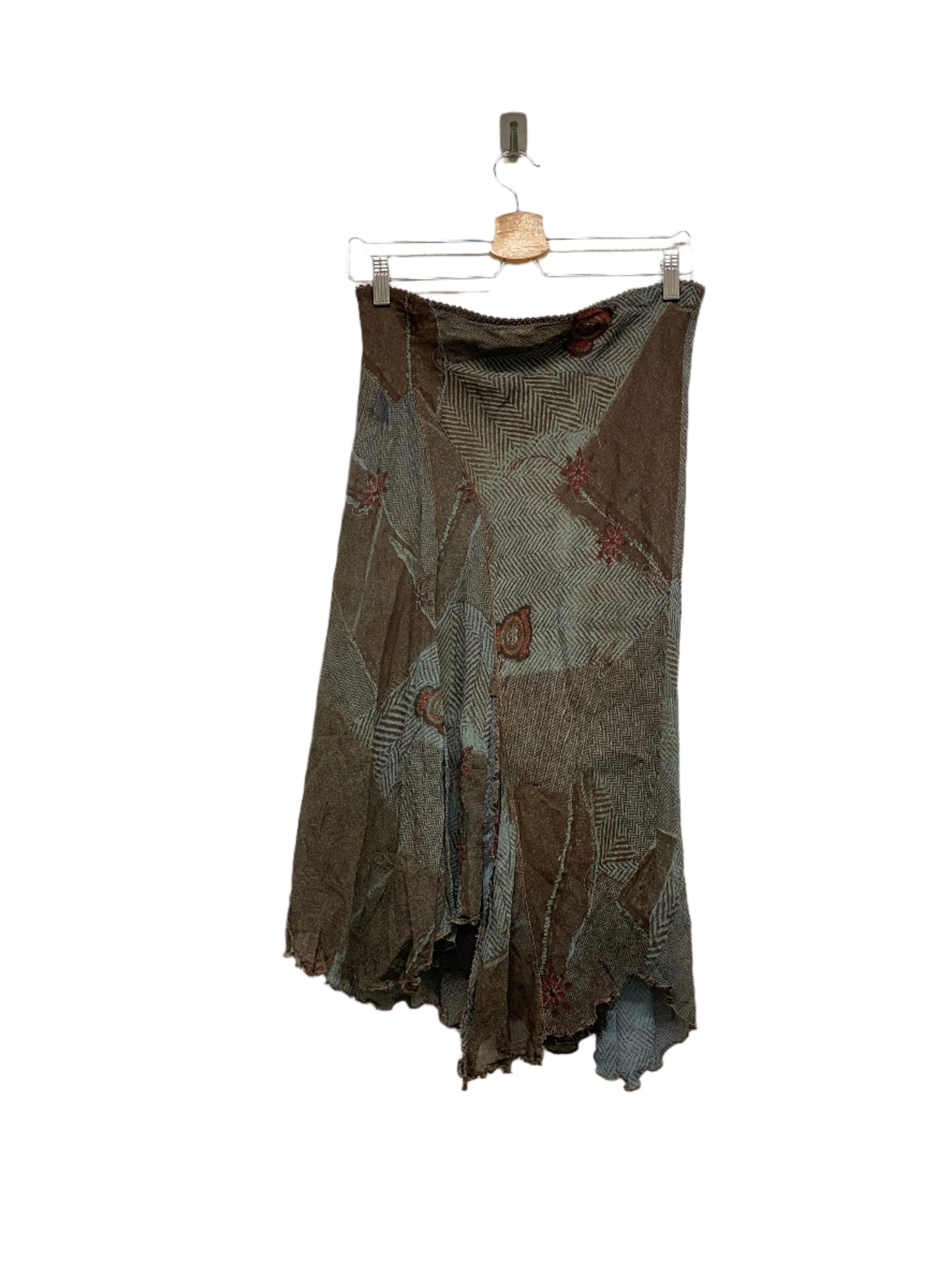 SANDRO brown asymetrical ruffled mesh midi graphic silk skirt (M)