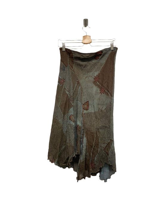SANDRO brown asymetrical ruffled mesh midi graphic silk skirt (M)