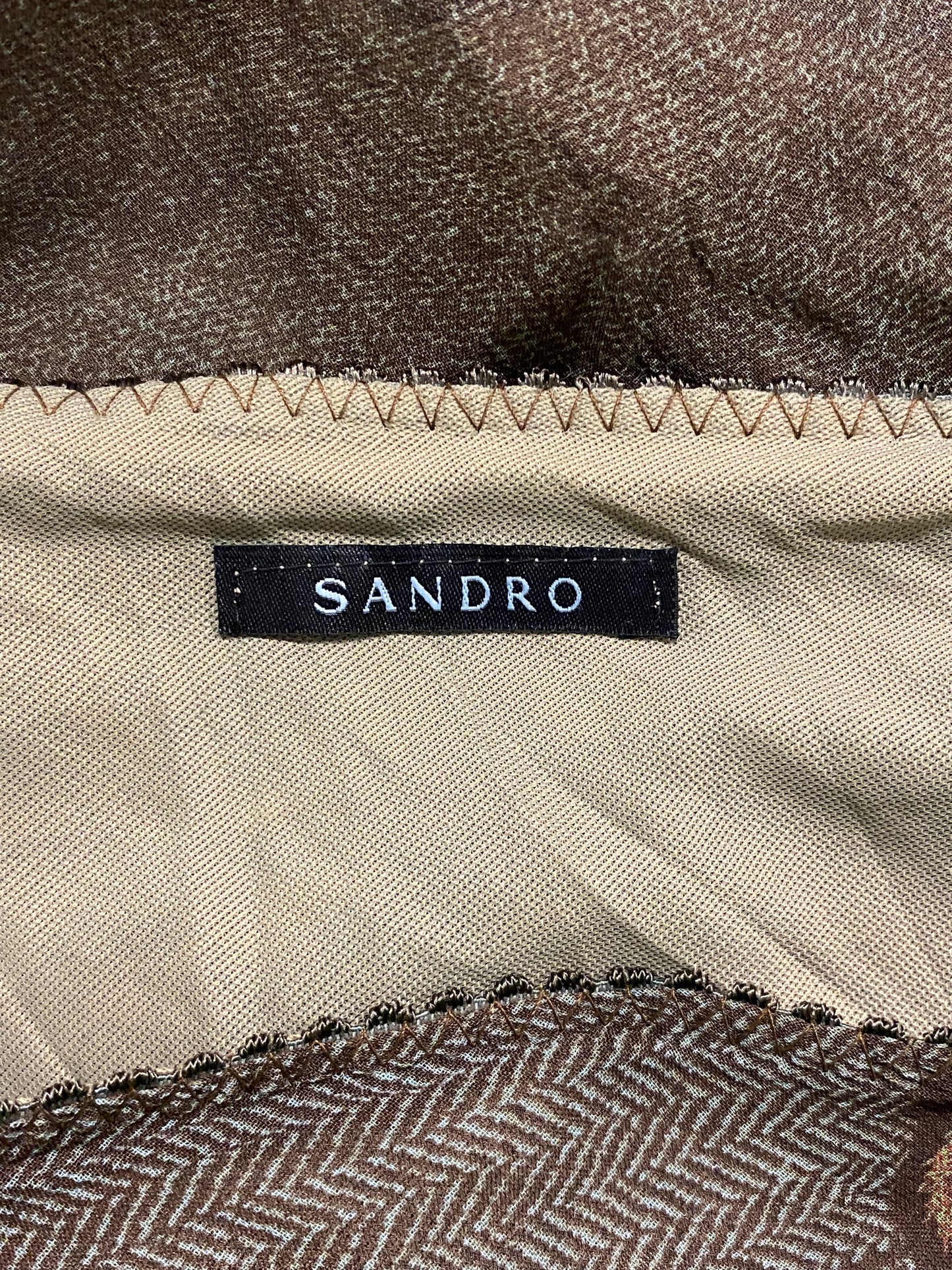SANDRO brown asymetrical ruffled mesh midi graphic silk skirt (M)
