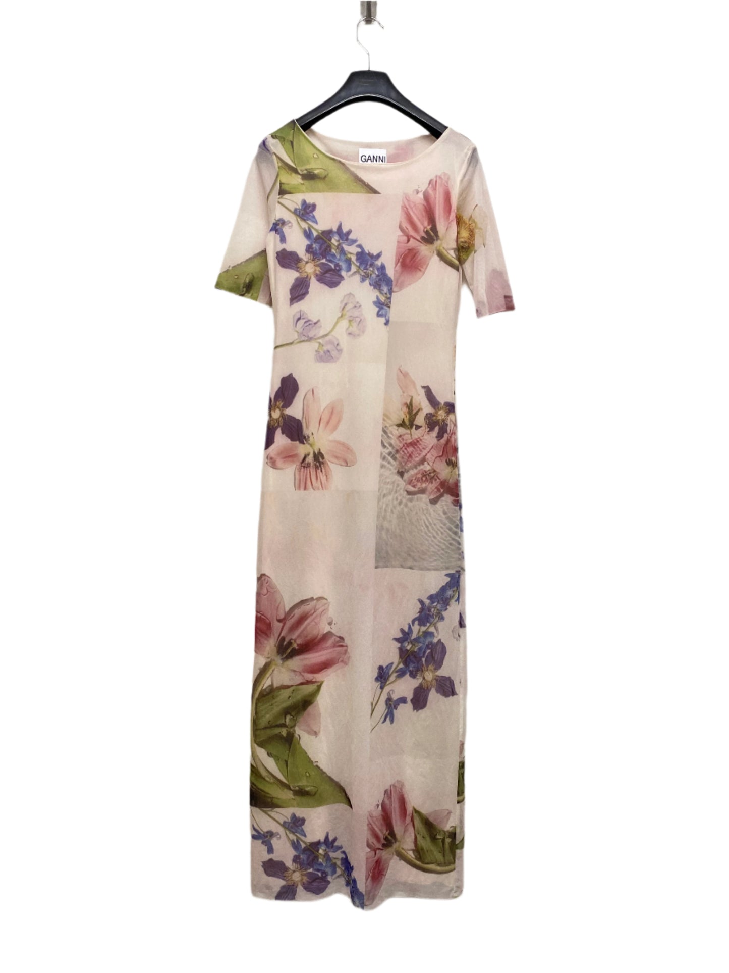GANNI floral graphic maxi double layer mesh dress, stretchy fabric (S)