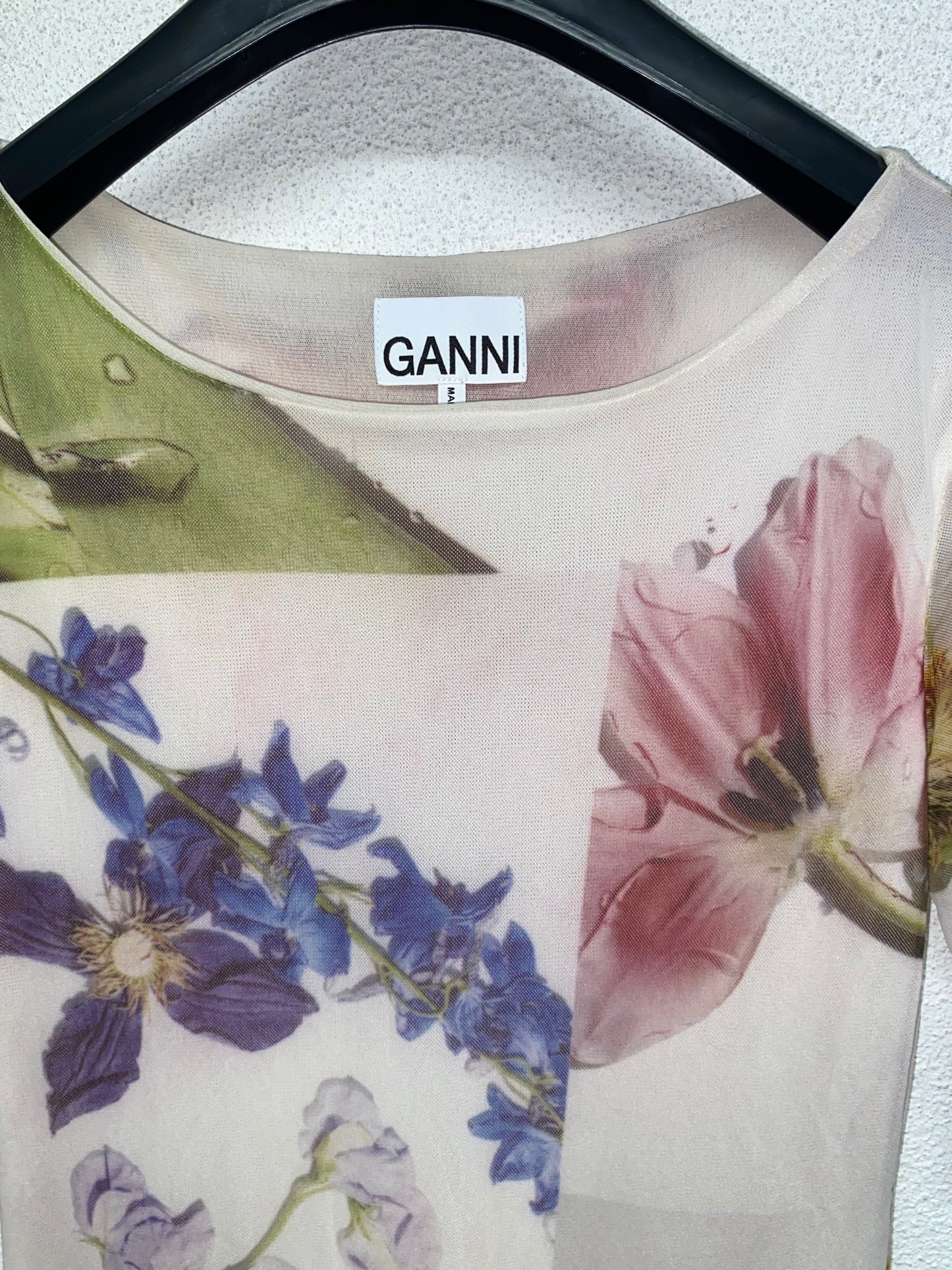 GANNI floral graphic maxi double layer mesh dress, stretchy fabric (S)