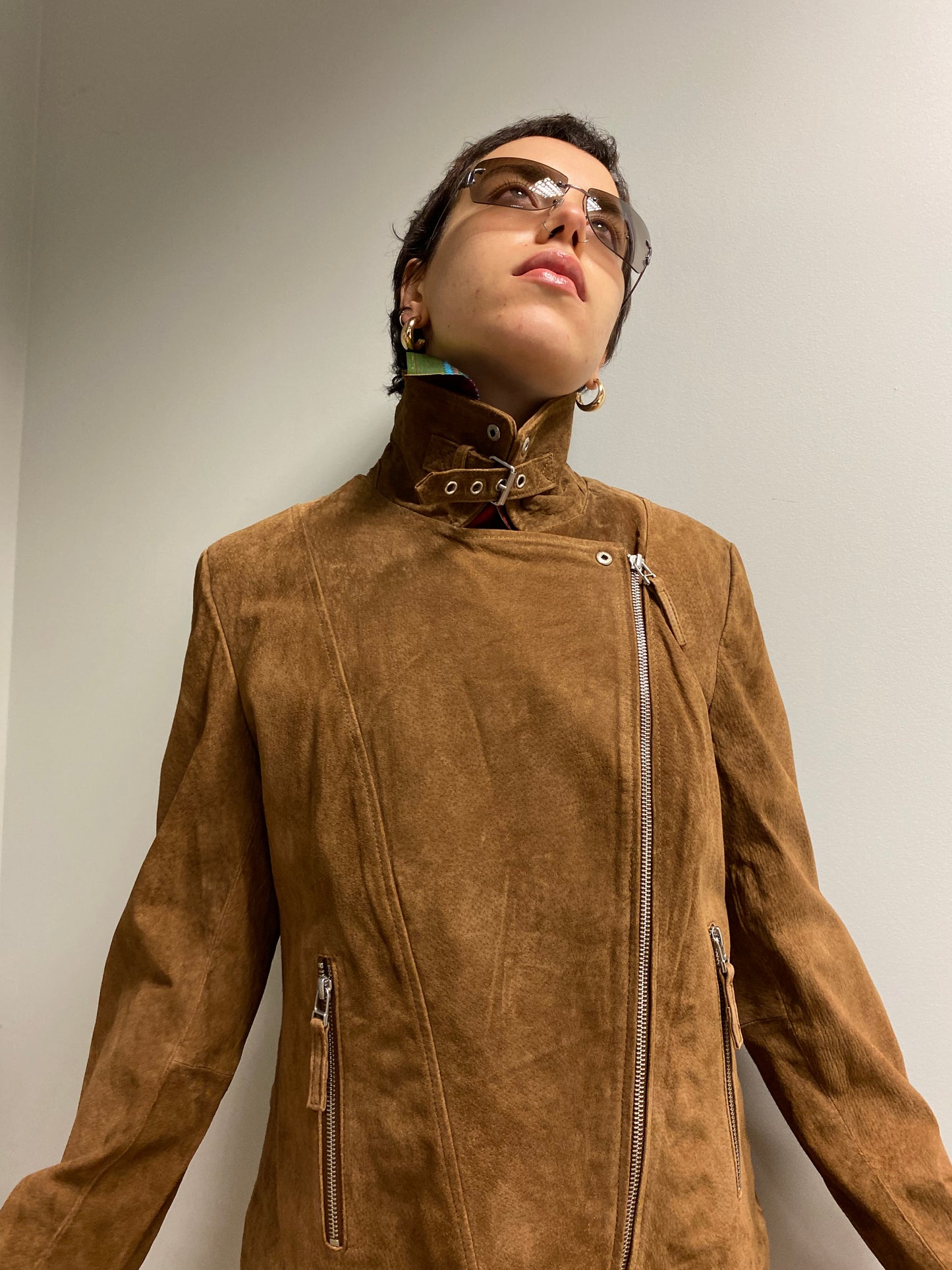 VINTAGE brown suede leather zipped jacket (M)