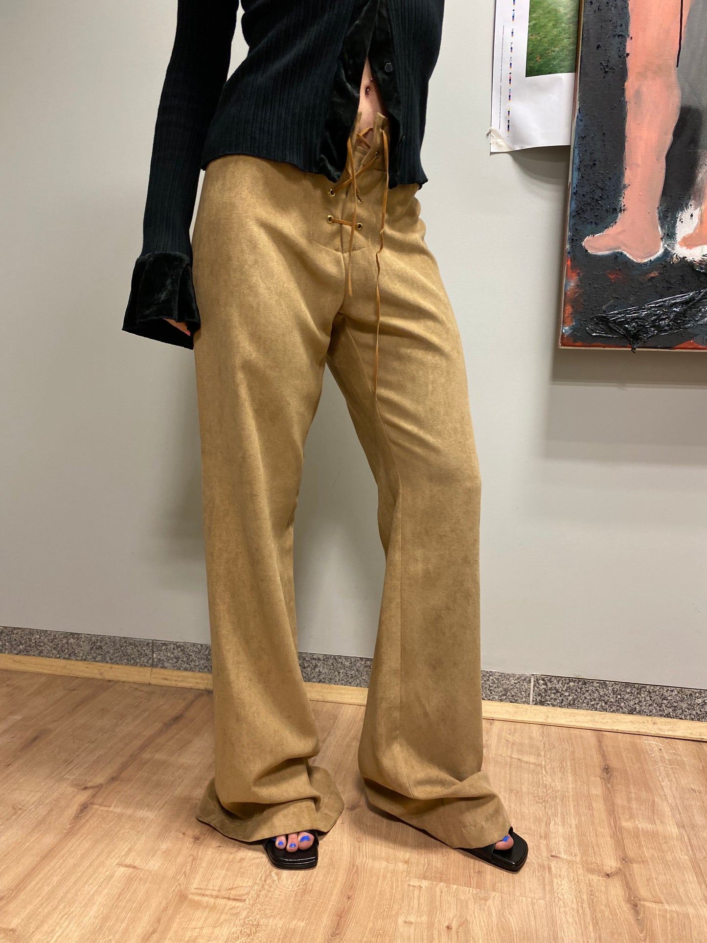 VINTAGE suede-like effect lace-up bootcut flared trousers (L)