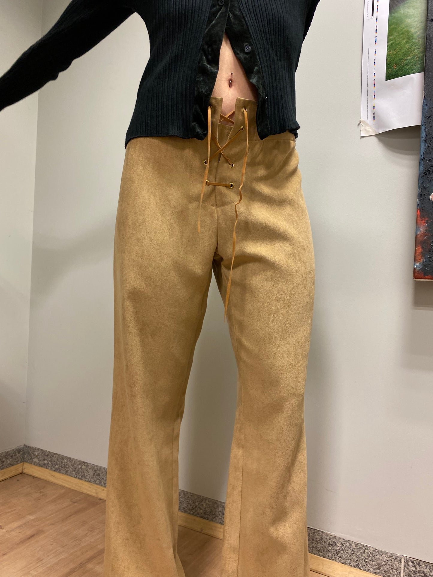 VINTAGE suede-like effect lace-up bootcut flared trousers (L)