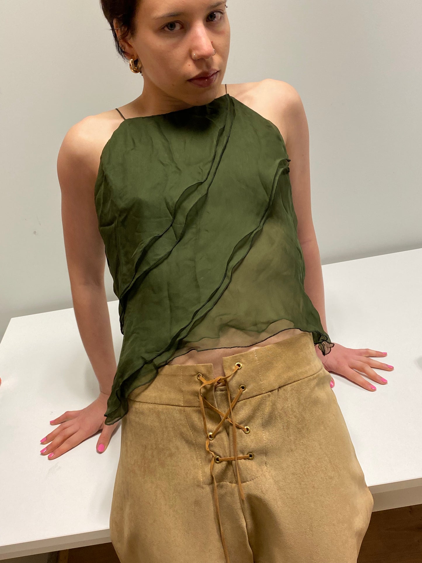 VALENTINO green cropped mesh multi-layer asymmetrical silk top (M)