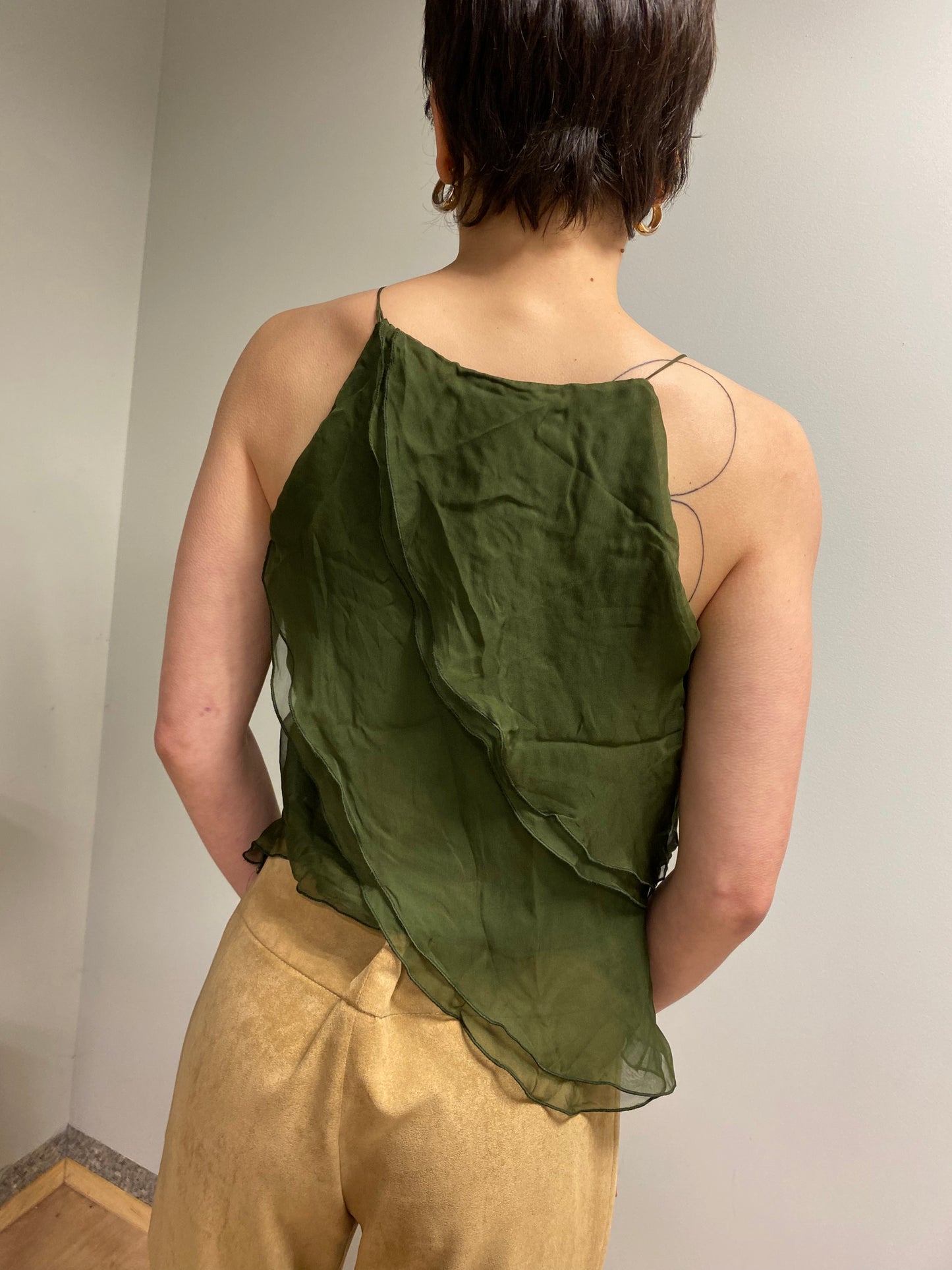 VALENTINO green cropped mesh multi-layer asymmetrical silk top (M)