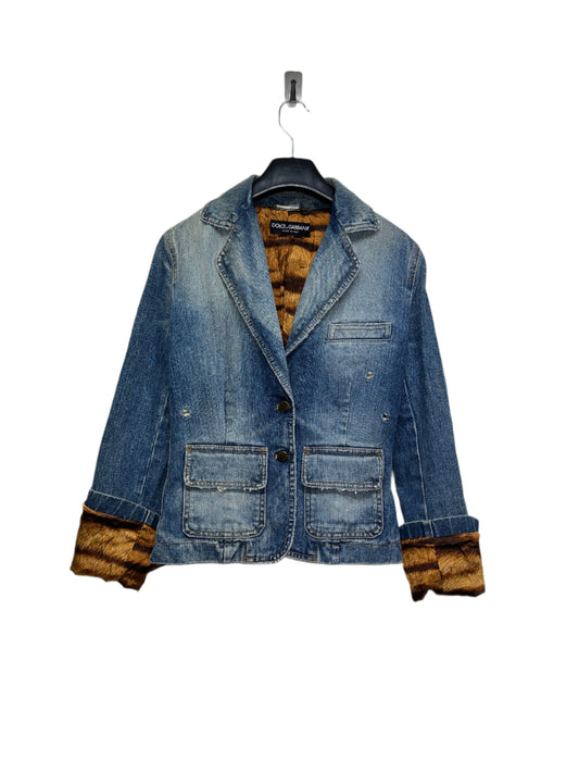 DOLCE & GABBANA distressed denim jacket with logo patch (S)