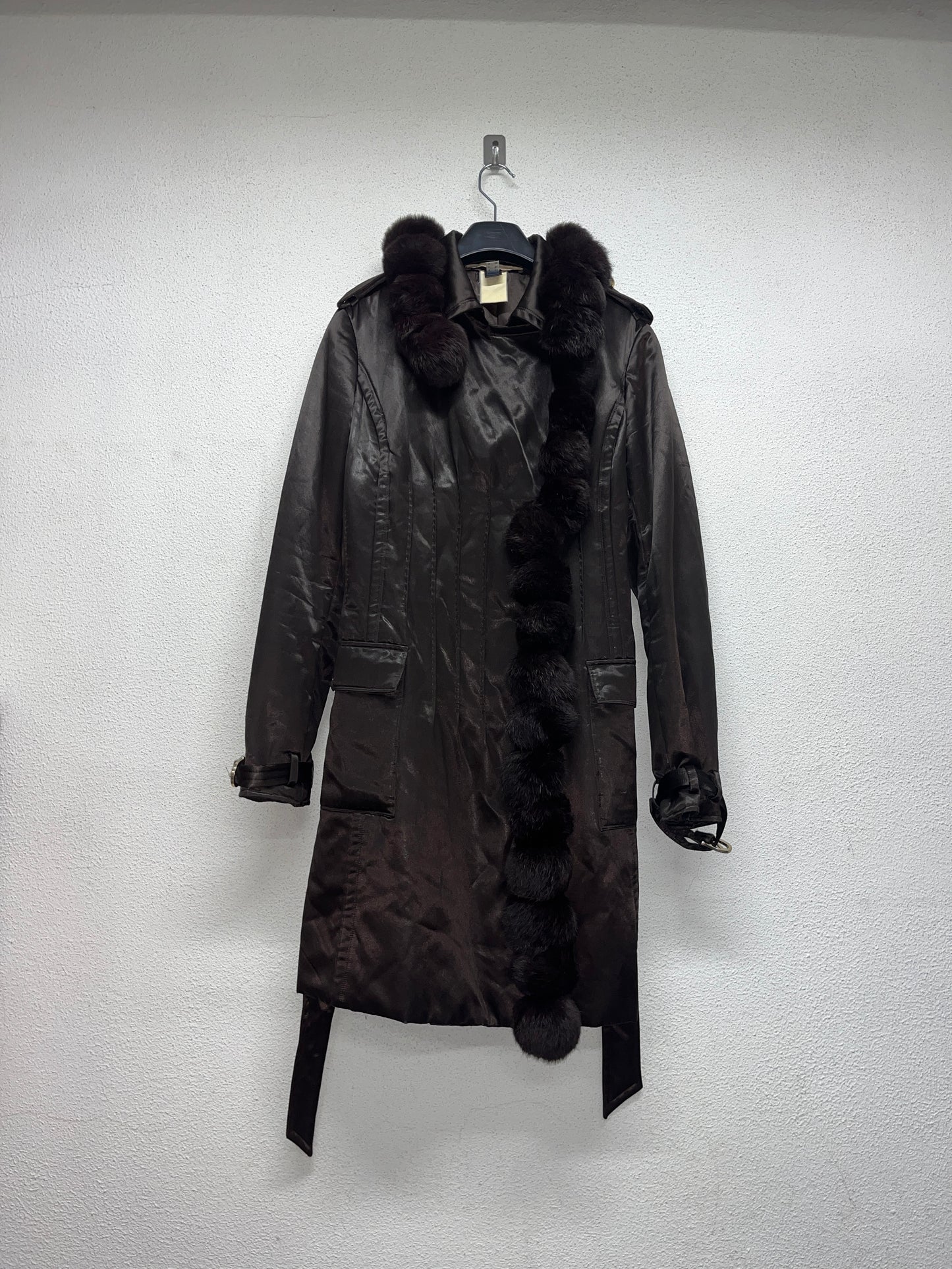 ROBERTO CAVALLI nylon belted Coat with fur balls (M)