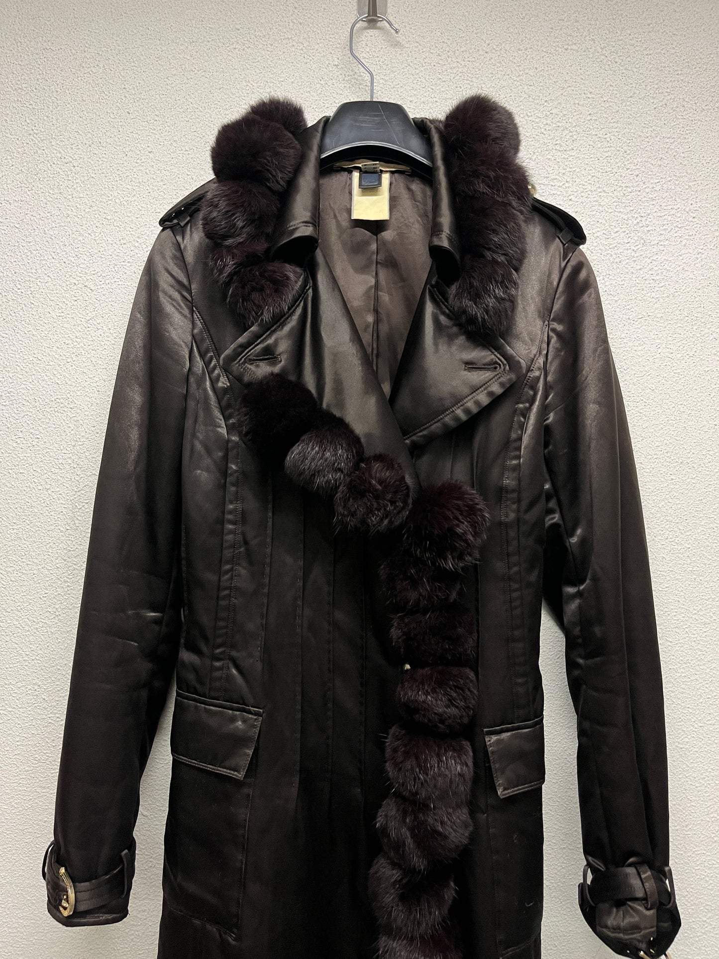 ROBERTO CAVALLI nylon belted Coat with fur balls (M)