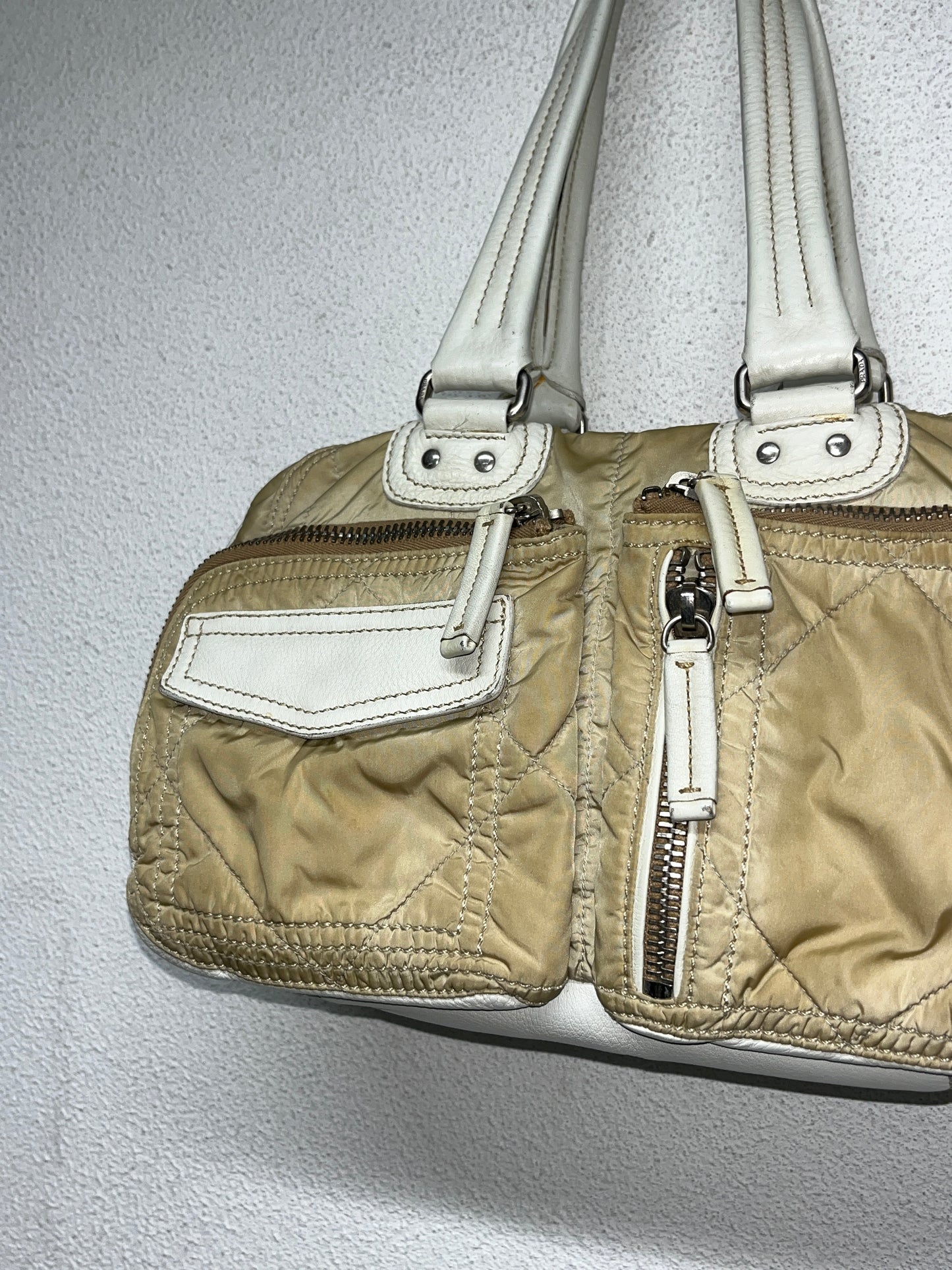 PRADA Linea Rossa beige nylon & white leather cargo sport shoulder bag