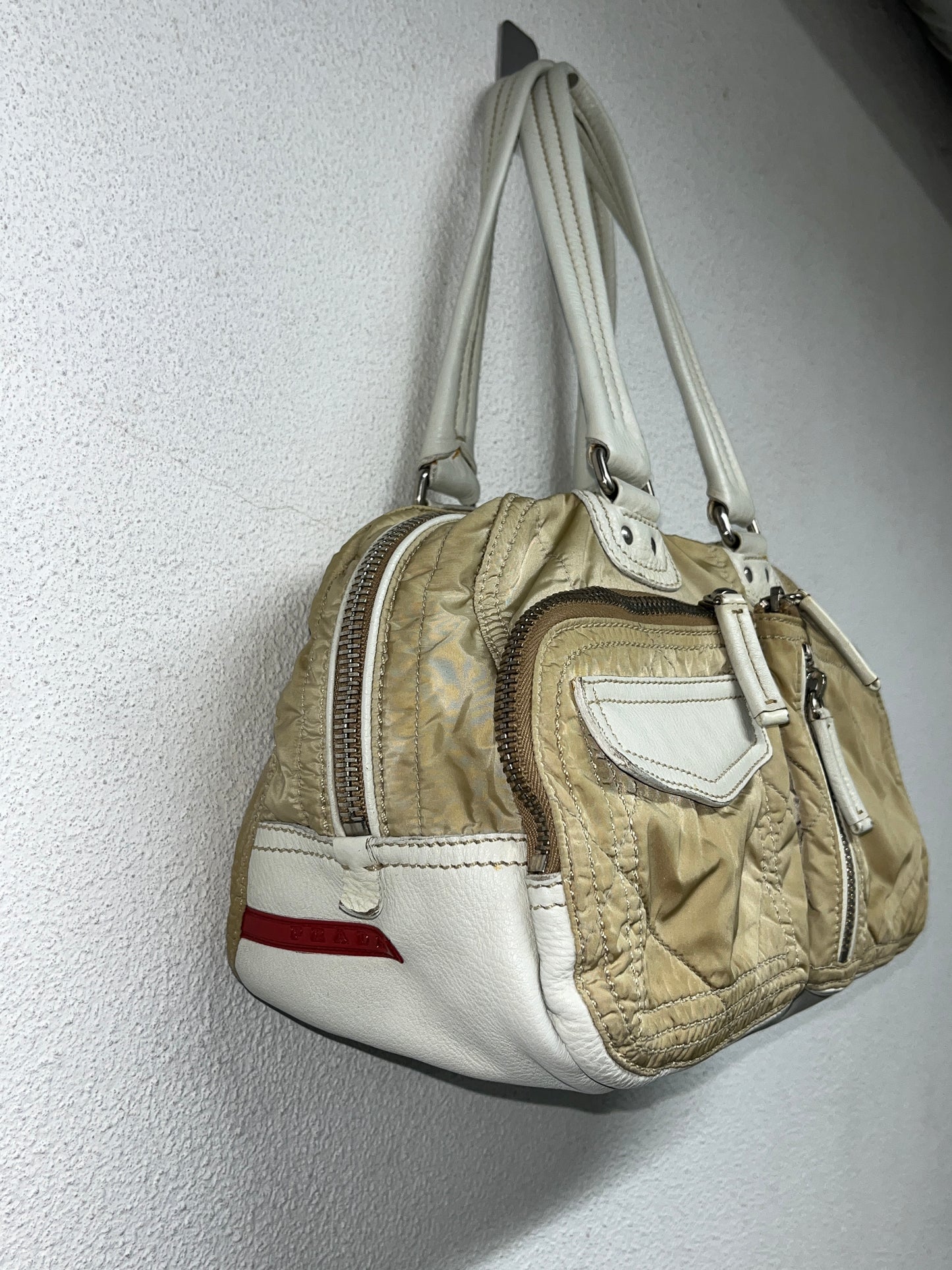 PRADA Linea Rossa beige nylon & white leather cargo sport shoulder bag