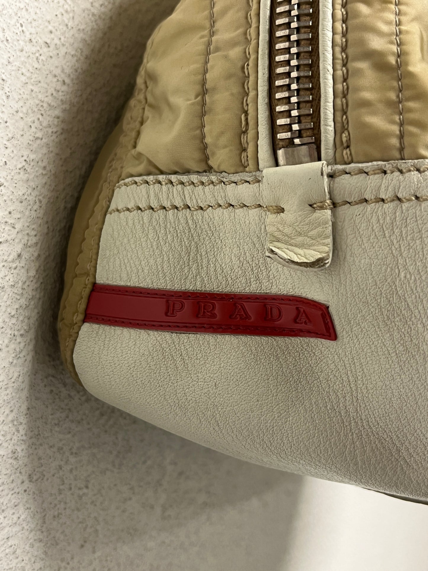 PRADA Linea Rossa beige nylon & white leather cargo sport shoulder bag