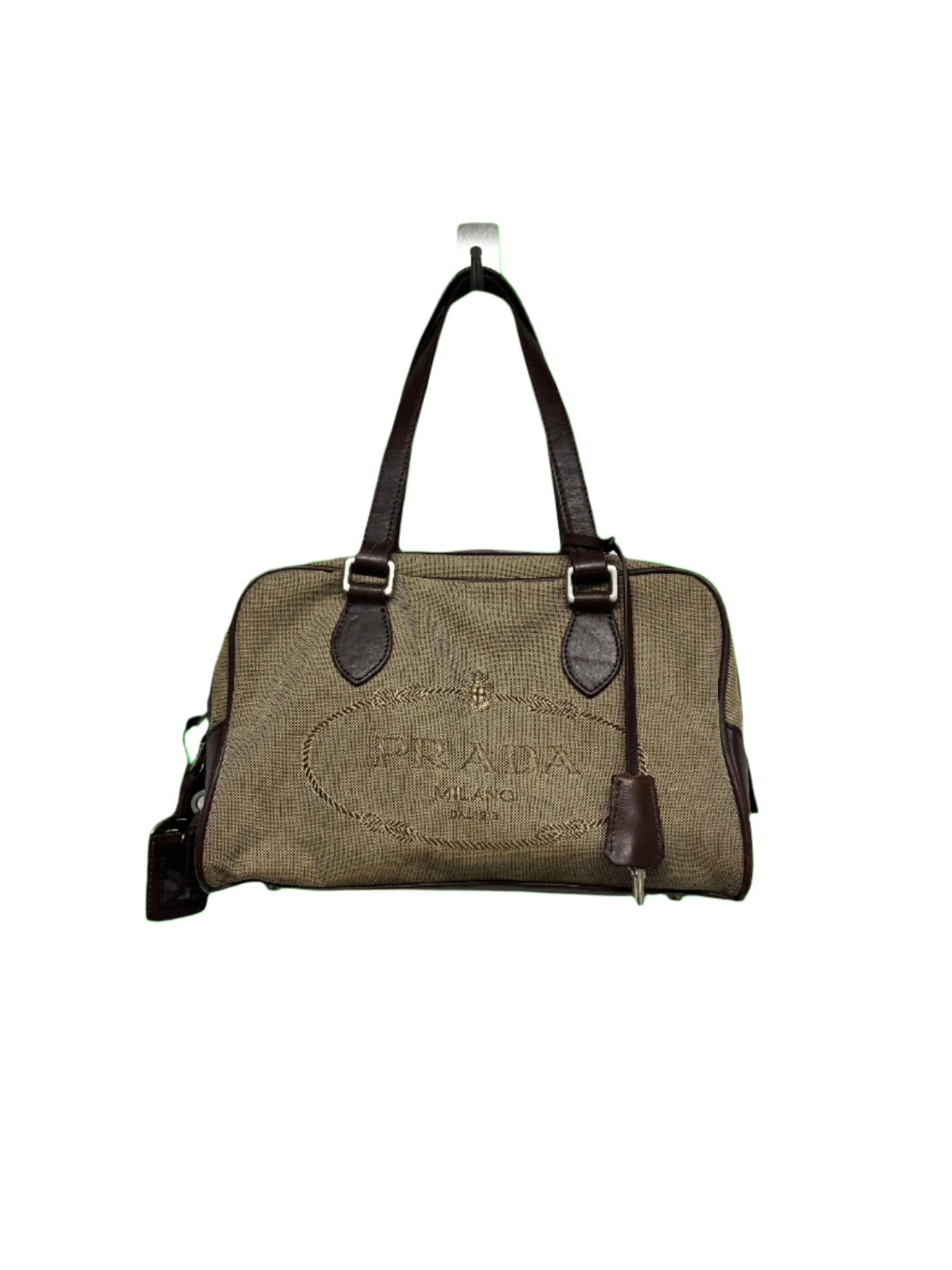 PRADA beige canvas & brown leather Bauletto logo bowling bag