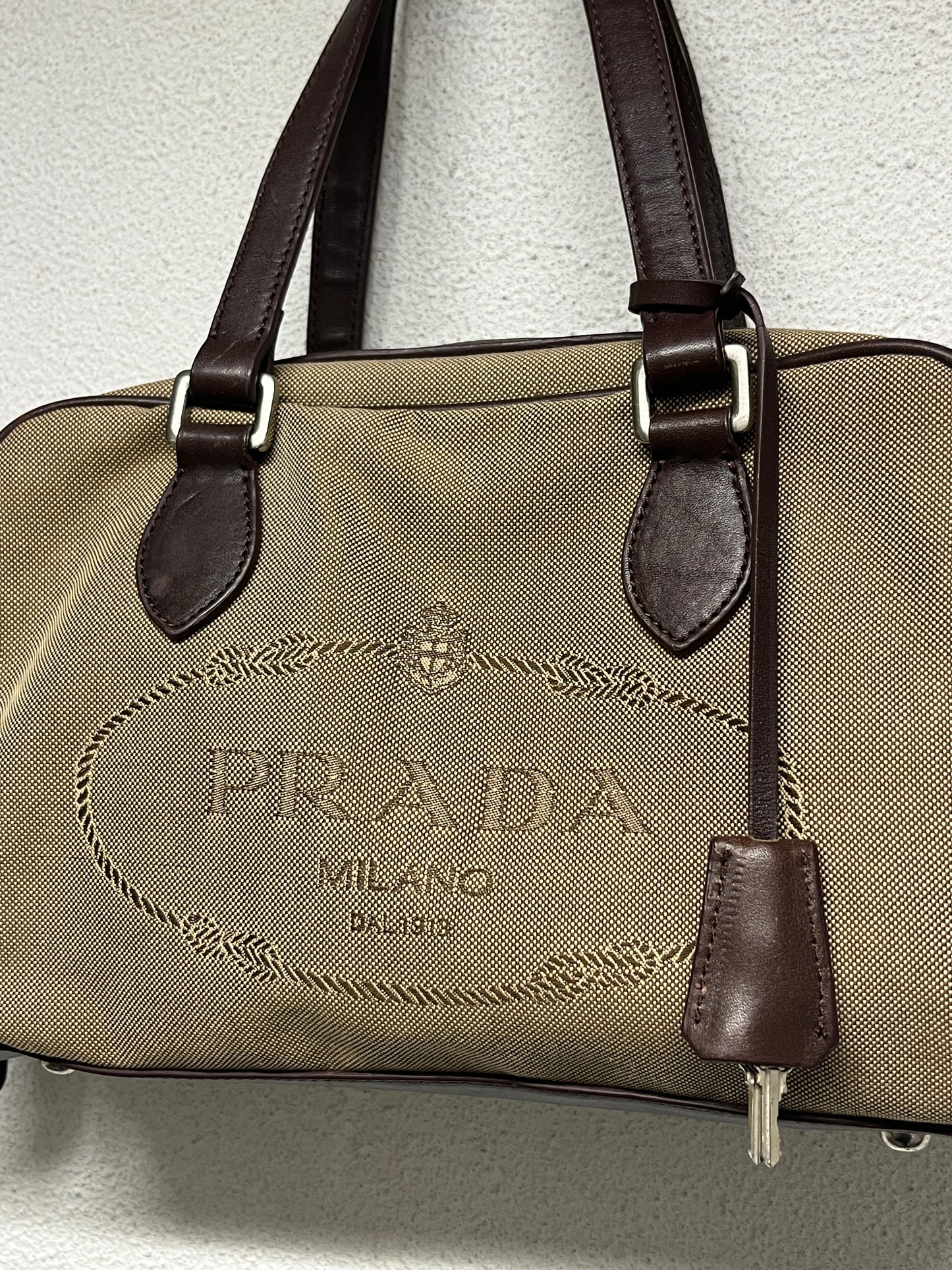 PRADA beige canvas & brown leather Bauletto logo bowling bag