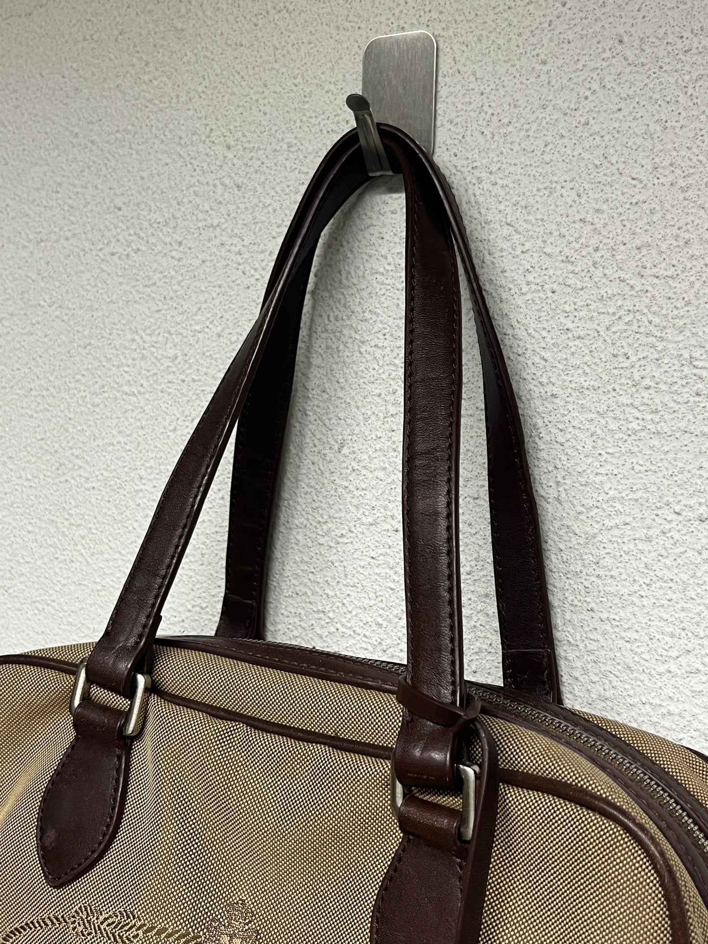 PRADA beige canvas & brown leather Bauletto logo bowling bag