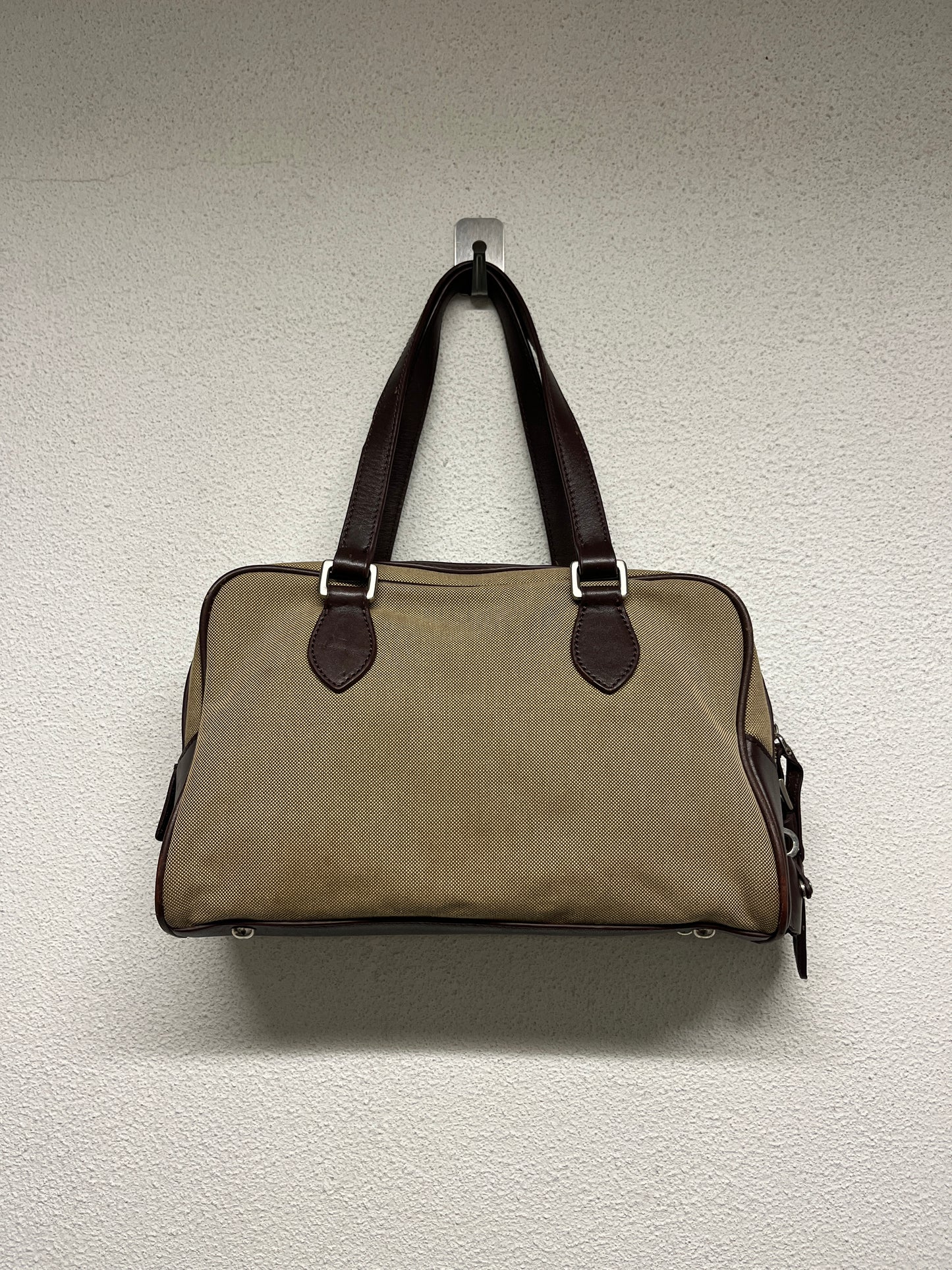 PRADA beige canvas & brown leather Bauletto logo bowling bag