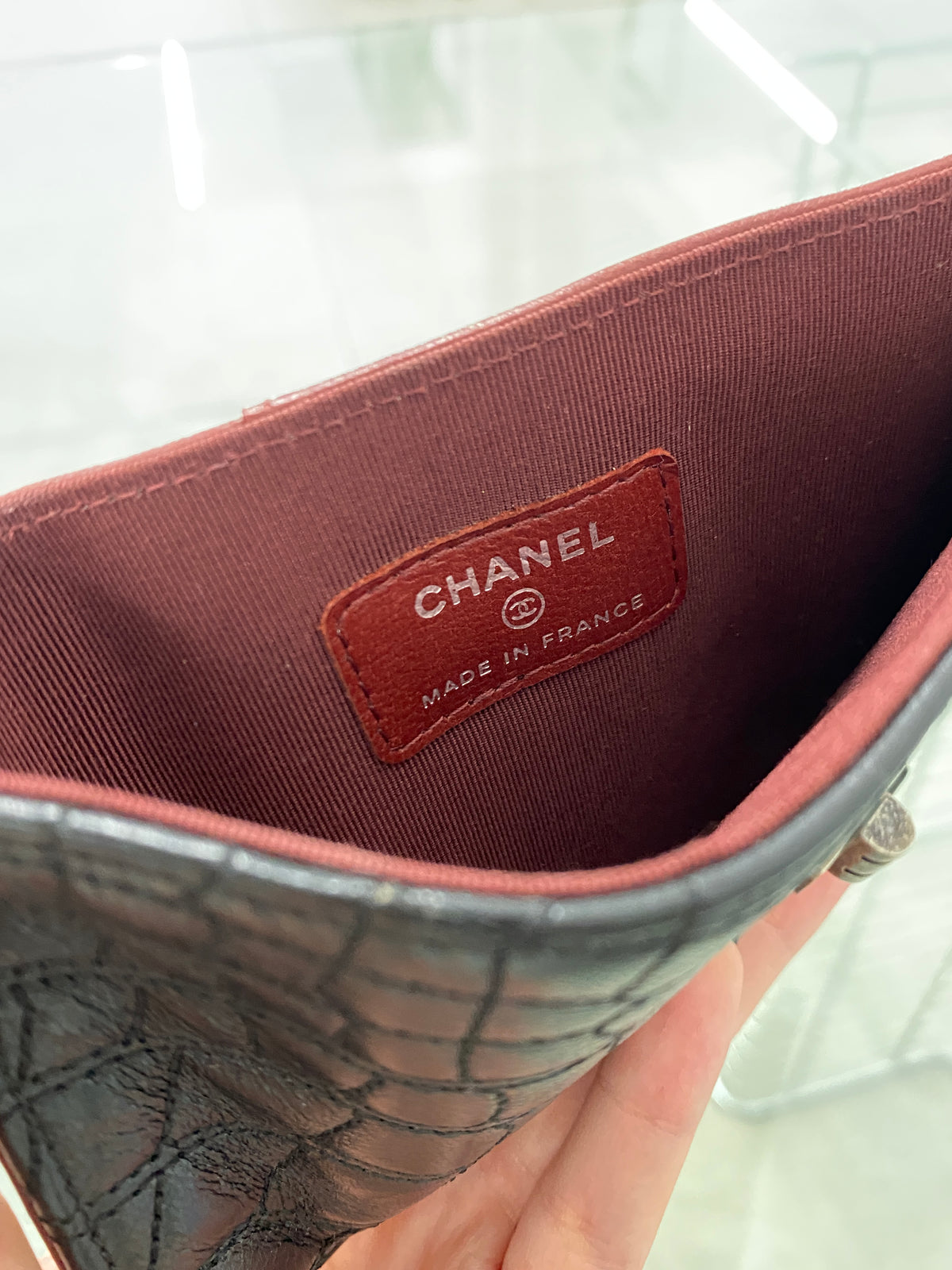 Chanel black crocodile-embossed leather 2.55 card holder